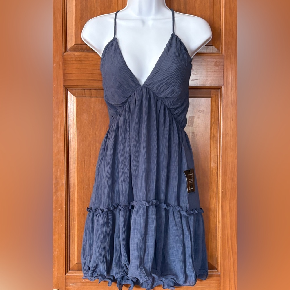 Lulu's Slate Gray Backless Halter Tiered Mini Dress - Picture 2 of 11